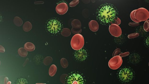 3d rendering flying blood cells with coronavirus in 4k