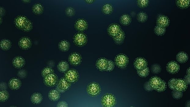 3d rendering flying green coronavirus with particles in 4k