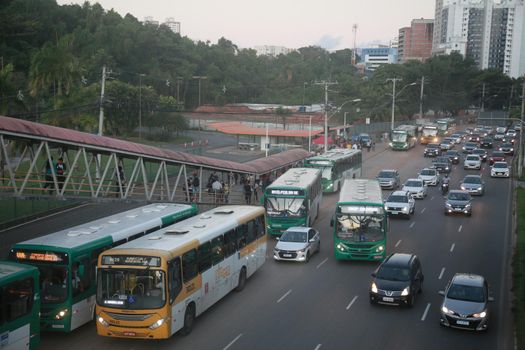 salvador, bahia, brazil - july 19, 2022: passengers waiting for a public transport bus at a stop in the city of Salvador