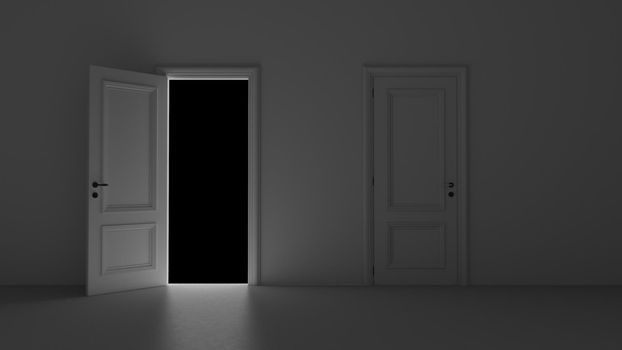 3d render open door in dark room on a black background 4k