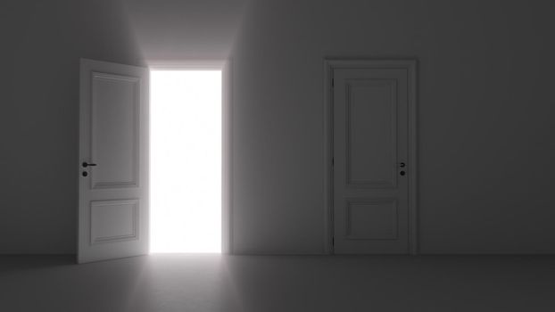 3d render open door shine in dark room 4k