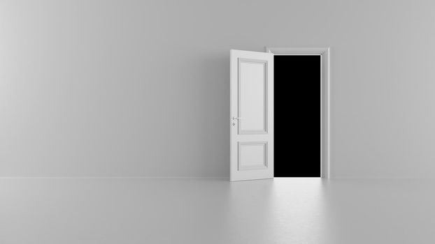 3d render open door in a bright room on a black background 4k