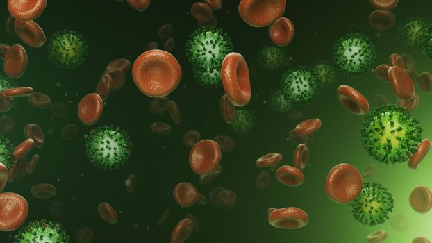 3d rendering flying blood cells with coronavirus in 4k