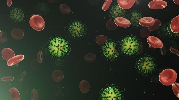 3d rendering flying blood cells with coronavirus in 4k