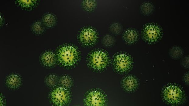 3d rendering flying green coronavirus with particles in 4k