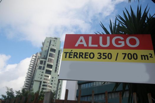 salvador, bahia, brazil - july 19, 2022: sign for rent in a commercial building in the city of Savador.
