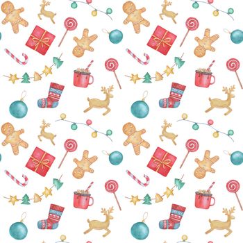 Watercolor Seamless pattern isolated on white background. Christmas cute elements on white.