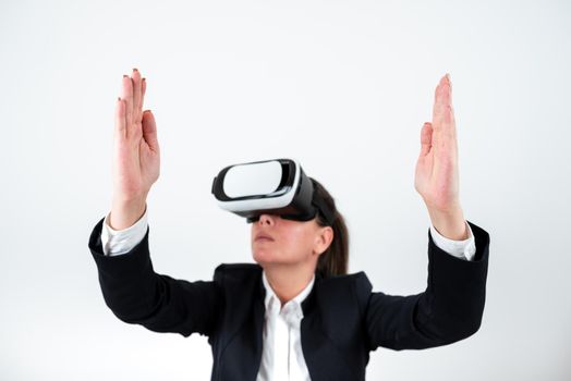 Woman Wearing Vr Glasses Andpresenting Important Messages Between Hands.