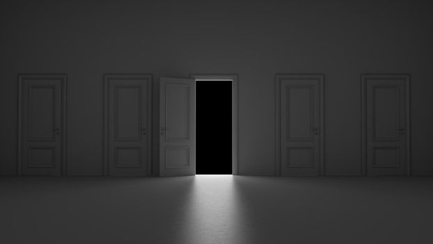 3d render open door in dark room on a black background 4k