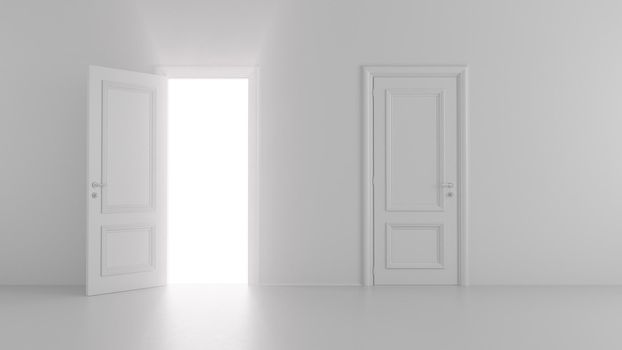 3d render shine of an open door in a bright room 4k