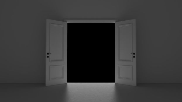 3d render open door in dark room on a black background 4k