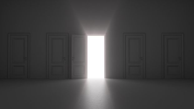 3d render open door shine in dark room 4k