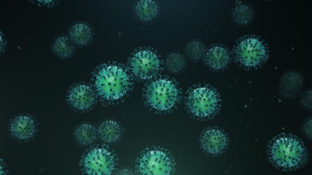 3d rendering flying blue coronavirus with particles in 4k