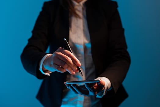 Standing Businesswoman Holding Mobile Phone With Important Messages.