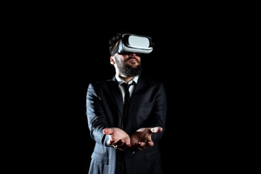 Businessman Wearing Suit Gesturing And Wearing Virtual Reality Simulator.