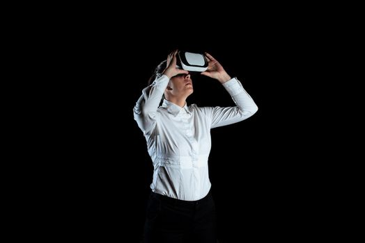 Woman Wearing Virtual Reality Headset And Enjoying The Simulator.