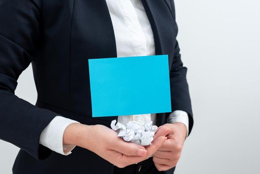 Businesswoman Holding Paper Wraps And Important Message On Stick.