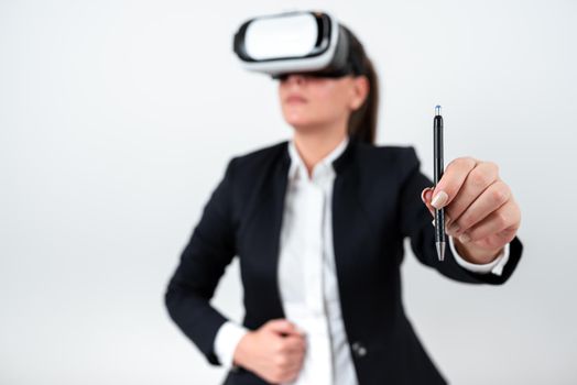 Woman Wearing Vr Glasses And Pointing On Recent Updates With Pen.