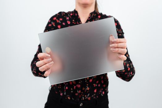 Woman Showing Placard And Presenting Important Ideas For Marketing.