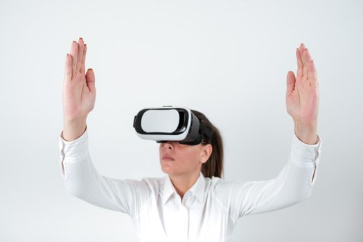 Woman Wearing Vr Glasses And Presenting Important Messages Between Hands.