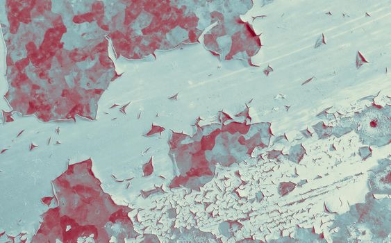 Dirty grunge wallpaper. Retro rusty background. Abstract cracked wall. Blue red grunge surface. Overlay old splatter. Ancient chalk material. Rough grunge texture of metal.