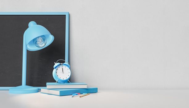 3D rendering of blue table lamp and stack of books with alarm clock placed on desk with chalkboard and stationery against gray background