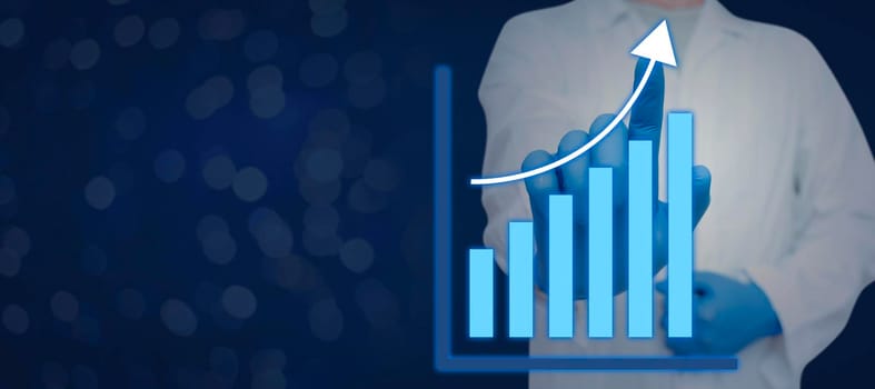 Doctor Pointing On Graph With Arrows Up And Presenting New Ideas.