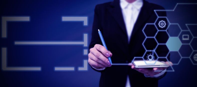 Businessman in suit holding open palm symbolizing successful teamwork.