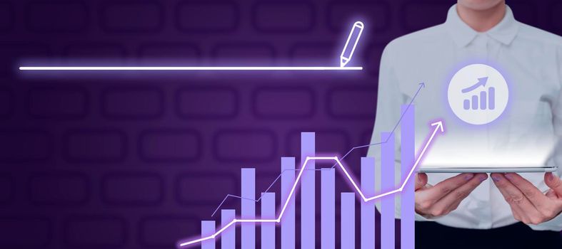 Woman With Tablet Presenting Digital Bar Graph And Business Growth.