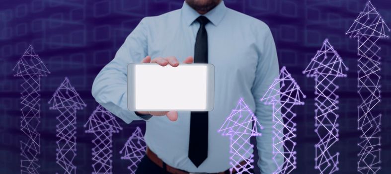 Man Showing Tablet By Arrow Symbols Presenting New Ideas For Success.