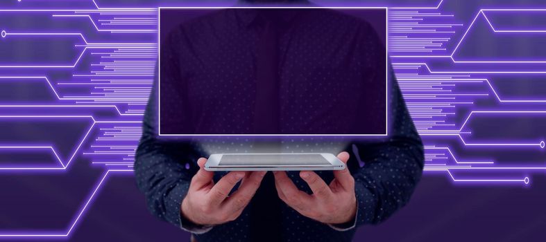 Businessman With A Tablet And Projecting A Frame For A Presentation.