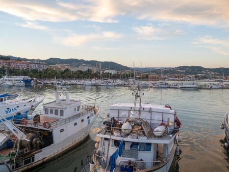 Panoramic view of La Spezia harbour at sunset