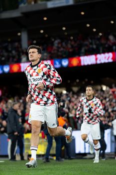 MELBOURNE, AUSTRALIA - JULY 19: Harry Maguire of Manchester United playing against Crystal Palace in a pre-season friendly football match at the MCG on 19th July 2022