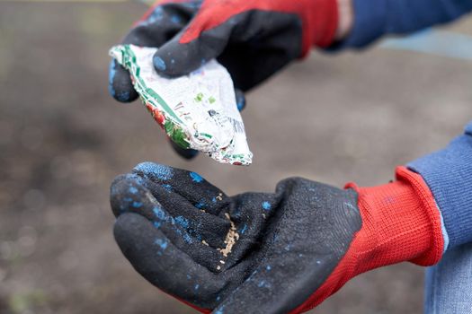 Close up view of a woman's gloved hands with seeds for planting in a home garden