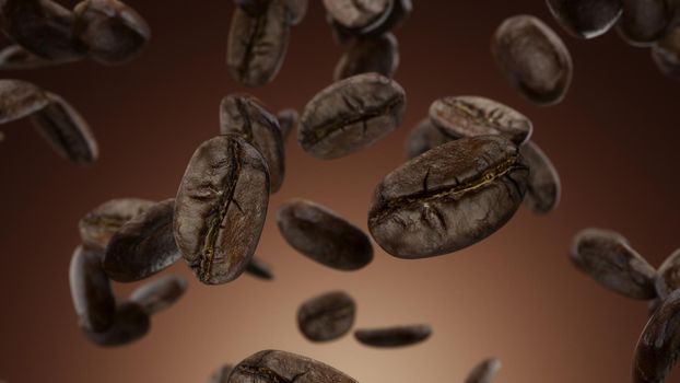 3d render Falling coffee grains on a brown background 4k