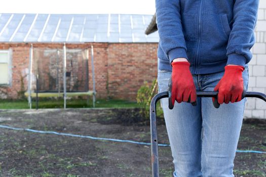 Cropped photo of a person flattening a piece of land of a vegetable home garden