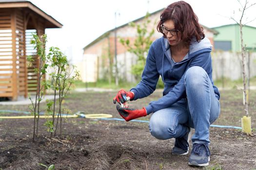 Woman crouching down working in a home garden