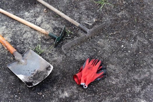 Gloves, hoe, shovel and rake on the ground to work the land of a vegetable home garden