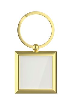Front view of square gold keychain isolated on white background