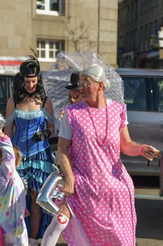 AVRANCHE, FRANCE - FEBRUARY 23, 2019: Girls dressed in historical dresses celebrate a bachelorette party