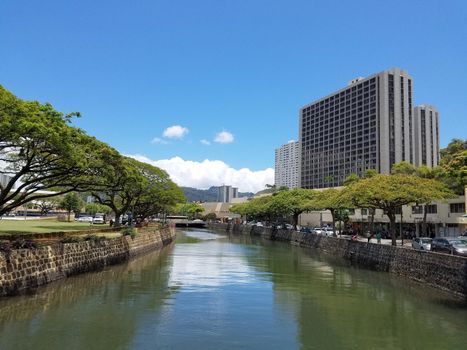 River Street canal in Honolulu, Hawaii on a beautiful day.