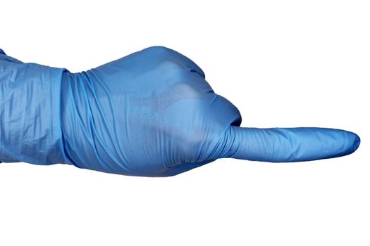 Isolated hand in a blue medical glove on a white background. The index finger points to the side..