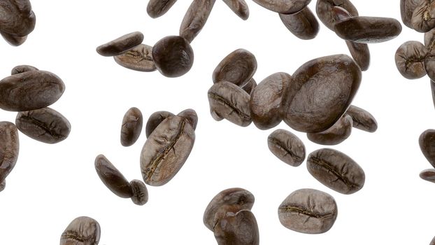 3d render Falling coffee grains on a white background 4K