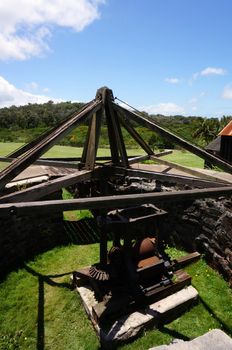 outdoor pit where circling mules powered cane-crushing machinery at Restored sugar mill at Molokai' Museum and Cultural Center.  Created by Rudolph W. Meyer, a German surveyor who married a Hawaiian chiefess and founded the compact mill in 1878.