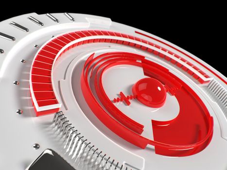 Abstract 3d industrial design circular shape. Futuristic user interface control panel. Glossy red and white plastic and metal parts. 3d rendering illustration