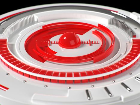 Abstract 3d industrial design circular shape. Futuristic user interface control panel. Glossy red and white plastic and metal parts. 3d rendering illustration