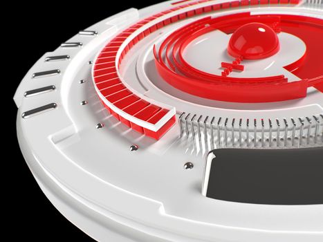 Abstract 3d industrial design circular shape. Futuristic user interface control panel. Glossy red and white plastic and metal parts. 3d rendering illustration