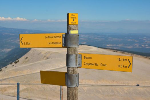 Pointers to cities and villages at the top of the mountain Mont Ventoux in Provence France