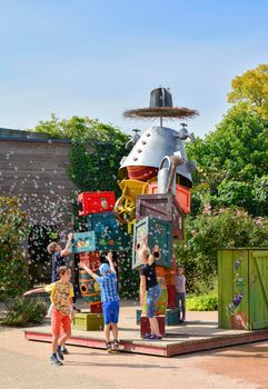 TERRA BOTANICA, ANGERS, FRANCE - SEPTEMBER 24, 2017: Colored construction of wooden boxes with soap bubbles for children