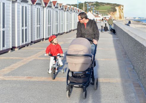 Father with a stroller and daughter on a bicycle are walking together